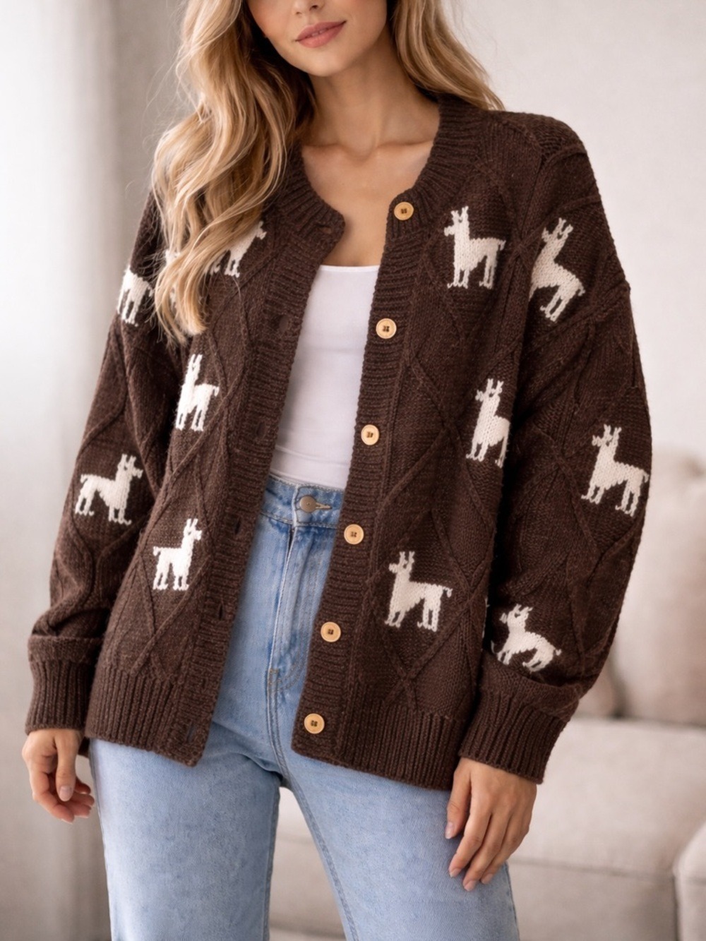 Alpaca Wool Llama Cardigan Brown Men's Medium